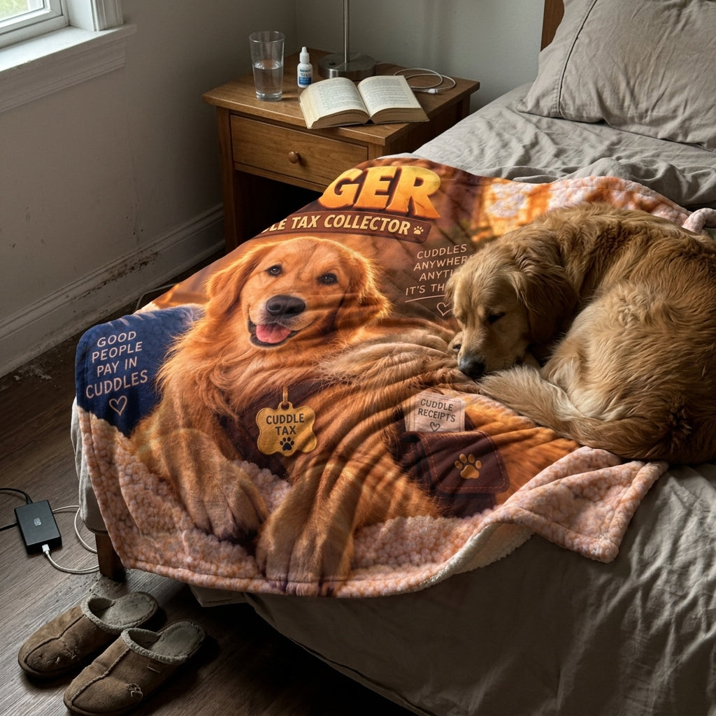 Roger the Cuddle Tax Collector Sherpa Fleece Blanket – Cute Golden Retriever Dog Throw for Pet Lovers, Cozy Gift